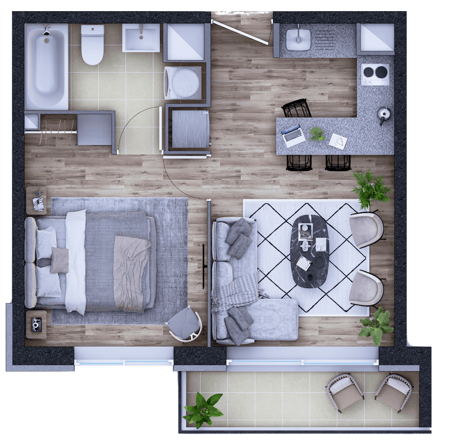 Modelo 2 - 1 dormitorio y 1 baño