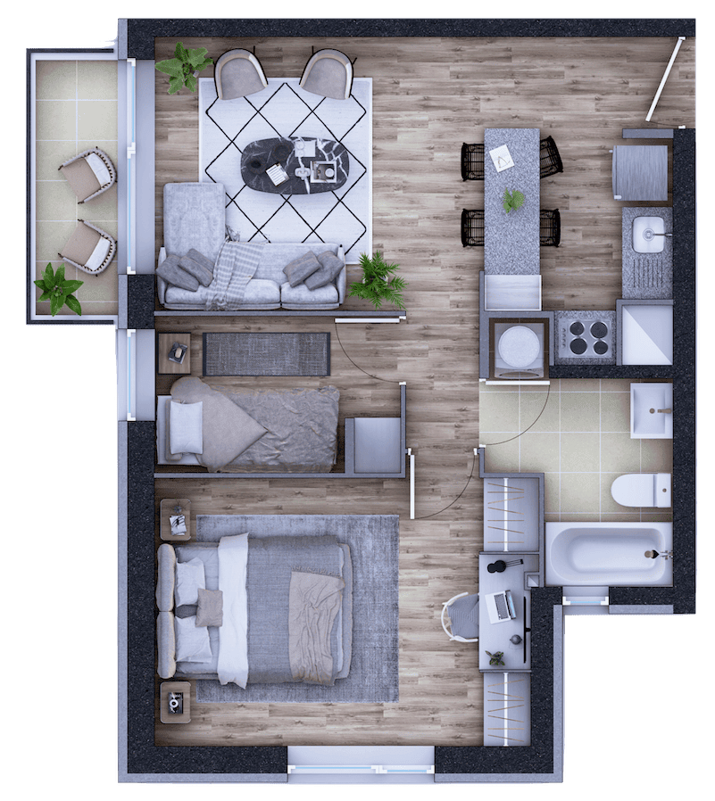 Modelo 3 - 2 dormitorios y 1 baño